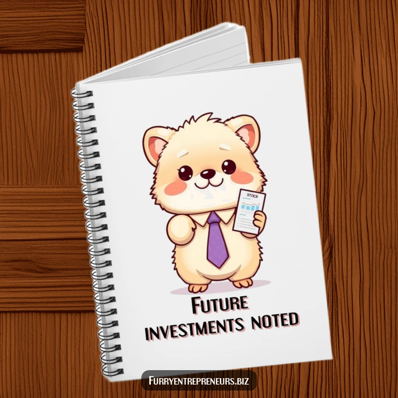 Funny animal stock notebook featuring a fluffy creature in a tie, enthusiastically presenting a miniature stock chart, ideal for notes.