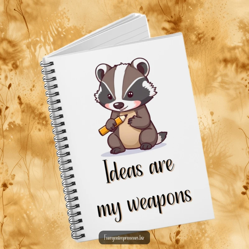 Funny notebook cover featuring a determined badger character sharpening a tiny pencil, perfect for jotting down plans and ideas.