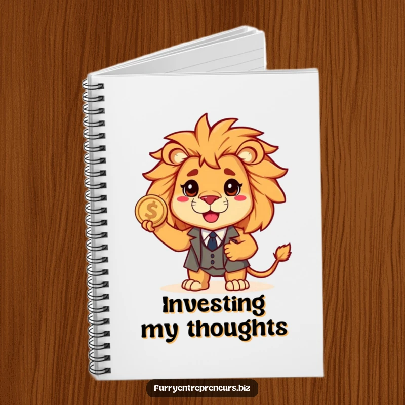Funny lion in a miniature suit, clutching a coin, portrayed as a brave financier in this humorous notebook.