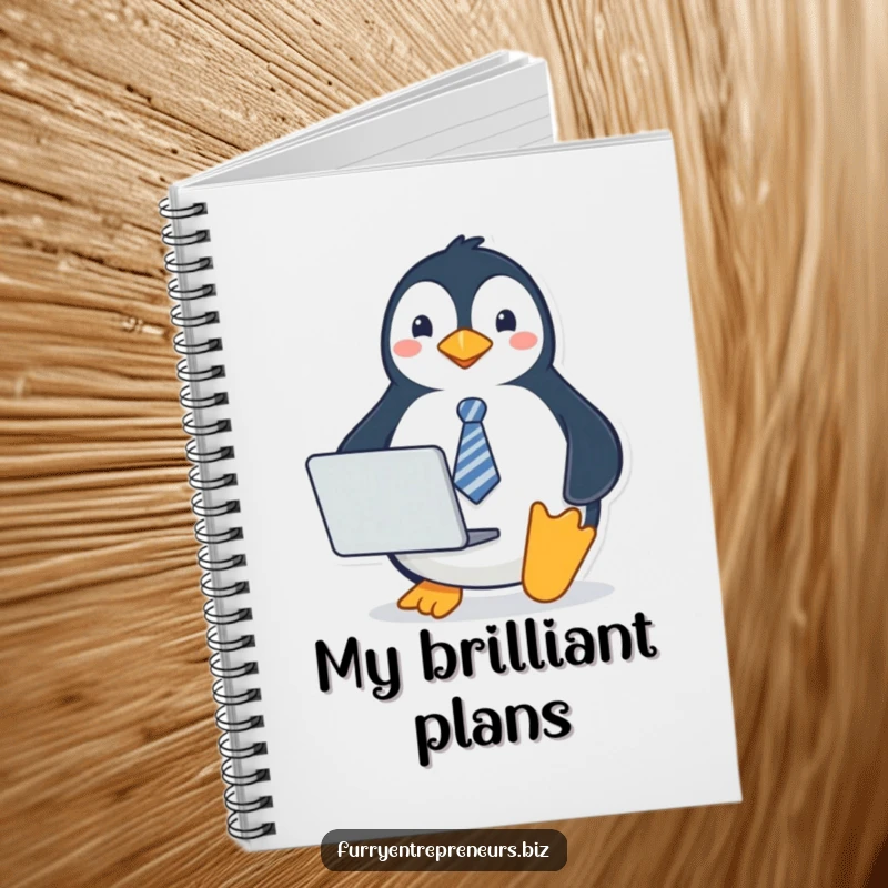 Funny penguin notebook with a penguin wearing a tie and holding a laptop on the cover, perfect for notes with a professional touch.