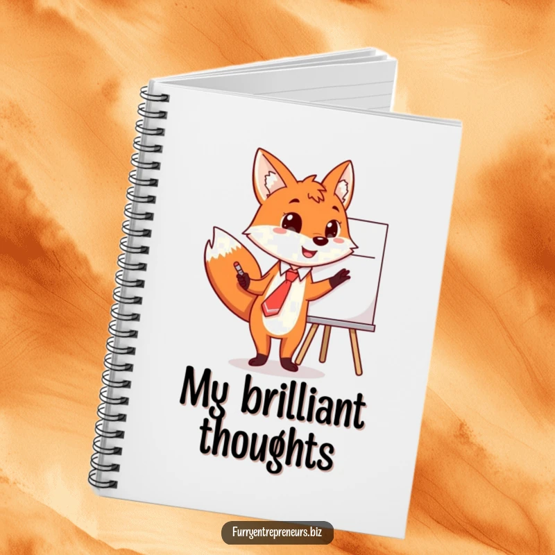 Funny fox notebook, wearing a tie, pointing at a whiteboard with ideas for notes.