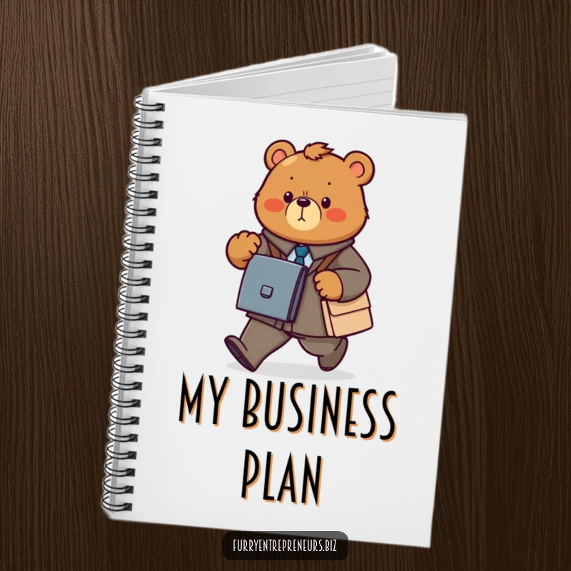 Funny bear business notebook with a determined animal power walking with a briefcase, ready to capture plans.