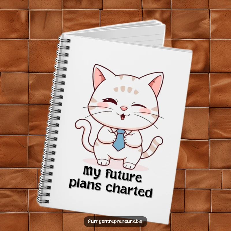 Funny cat wearing a tie, winking and shaking hands, on a notebook cover, ideal for business notes, a funny gift.