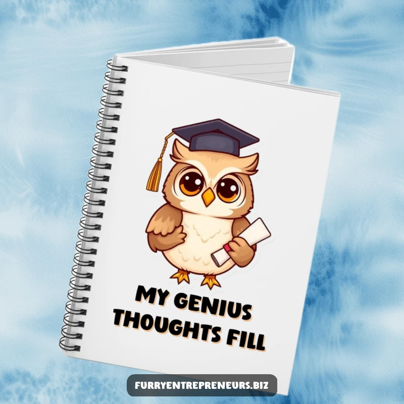 Funny owl wearing a graduation cap and holding a diploma, on a notebook cover, ideal for school or personal use, a funny gift.