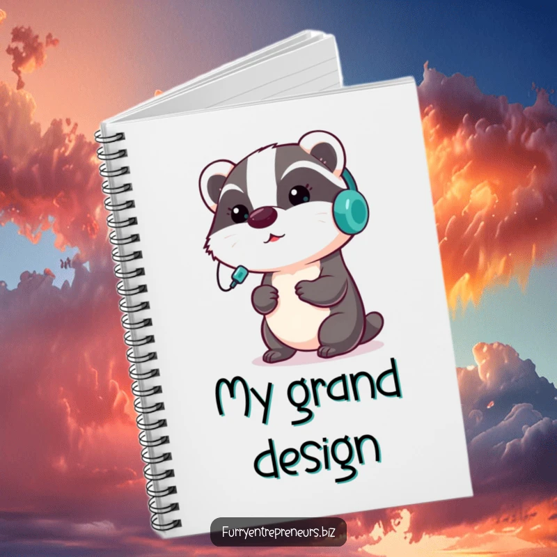 Funny badger notebook with a focused badger wearing a headset on the cover, perfect for notes with a motivational twist.