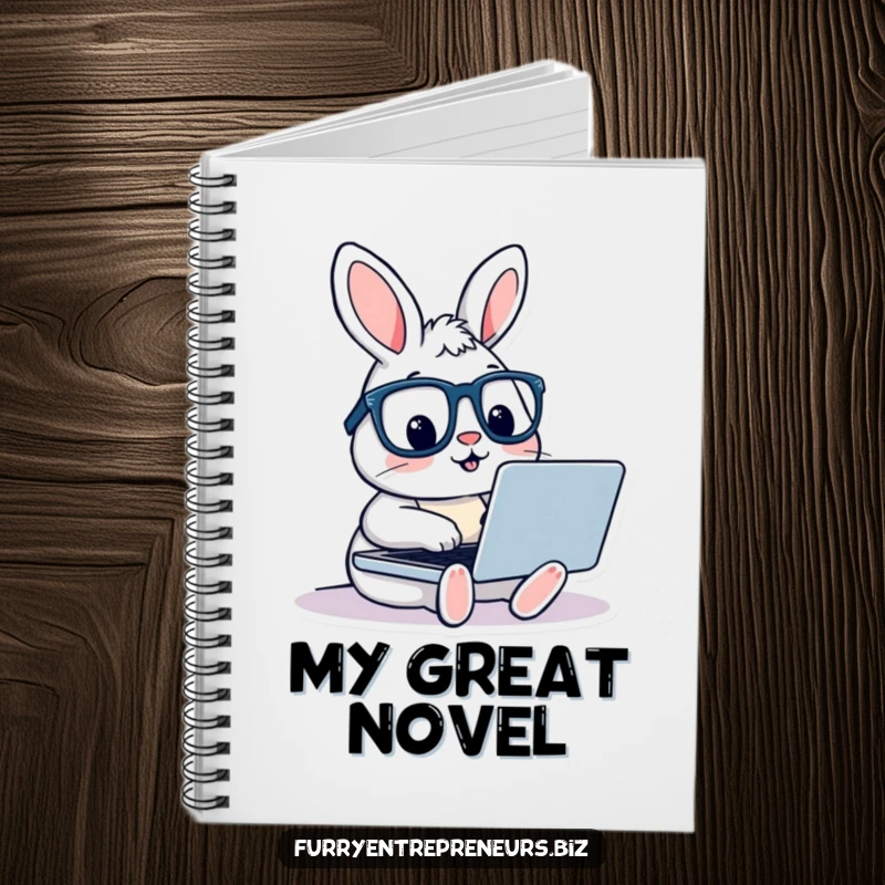 Funny rabbit wearing glasses, typing on a laptop, designed for note-taking and creative writing in a humorous and inspiring notebook.