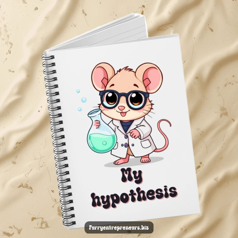 Funny scientist mouse notebook, wearing a lab coat and holding a bubbling beaker, great for jotting down science notes and ideas.