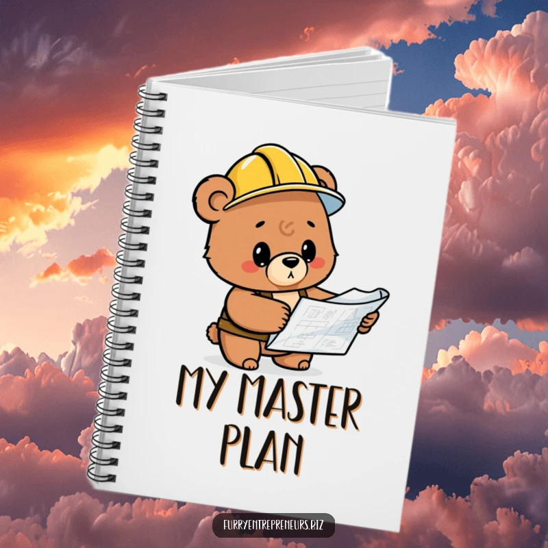 Funny bear wearing a hard hat, inspecting a blueprint, a humorous notebook for planning and writing.