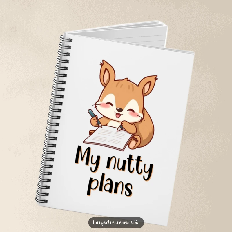 Funny notebook with a playful squirrel character signing a document with a tiny pen, perfect for organized note-taking.