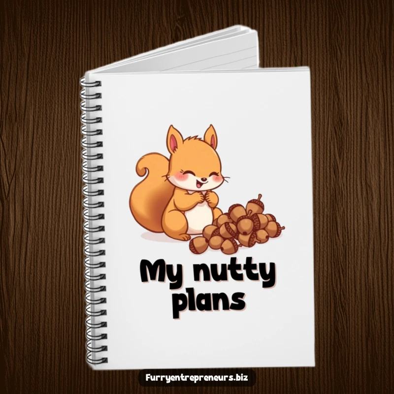 Funny squirrel character gleefully counting acorns on a notebook, ideal for jotting down ideas with hoarding-themed humor.