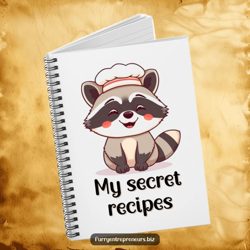 Funny notebook featuring a giggling raccoon in a chef hat, ideal for journaling, recipe writing, or doodling with culinary humor.