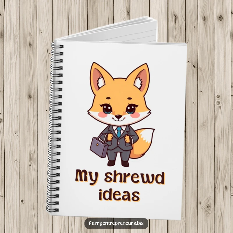 Funny business fox character in a suit and briefcase on a notebook, ideal for jotting down ideas with professional humor.