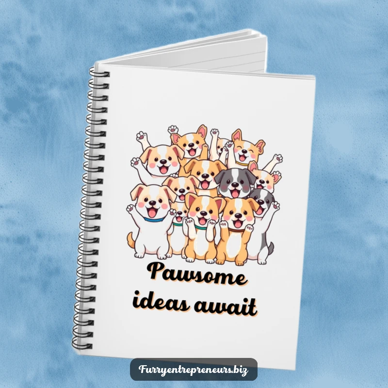 Funny notebook cover featuring a group of various kawaii dogs cheering with paws in the air, perfect for notes.