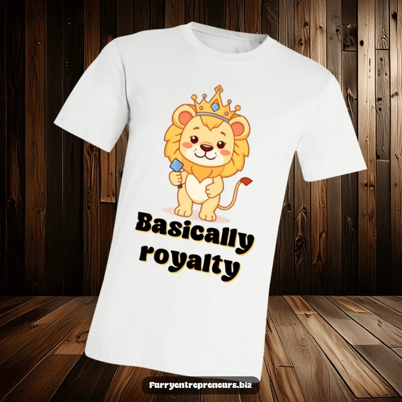 Funny lion king t-shirt showcasing a proud lion wearing a tiny crown and holding a scepter, exuding royal humor.