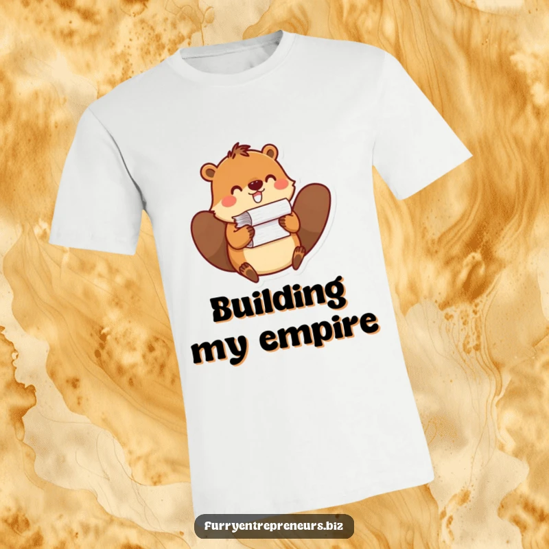 Funny t-shirt depicting a busy beaver balancing a large pile of papers, representing dedication and the humorous side of office work.