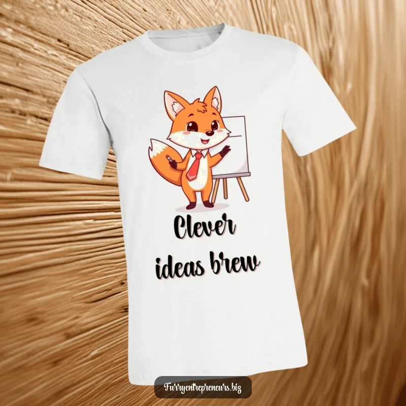 Funny fox t-shirt, in a tie, excitedly pointing at a whiteboard, sharing a grand idea.