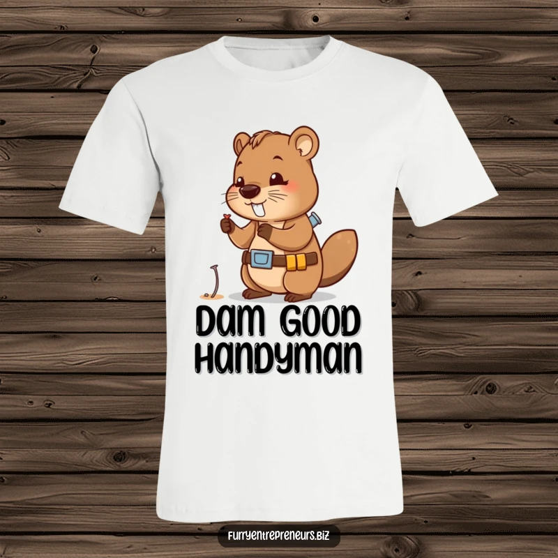 Funny t-shirt depicting a cute beaver character wearing a tool belt, examining a tiny nail with professional precision.