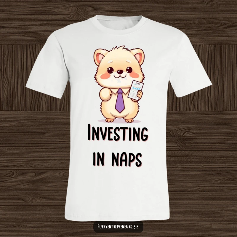 Funny animal t-shirt depicting a fluffy creature wearing a tie, enthusiastically presenting a tiny stock chart with energetic confidence.