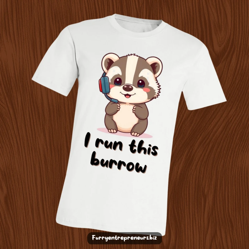 Funny t-shirt print of a focused badger with a headset, delivering a presentation with comical seriousness, perfect for workwear.