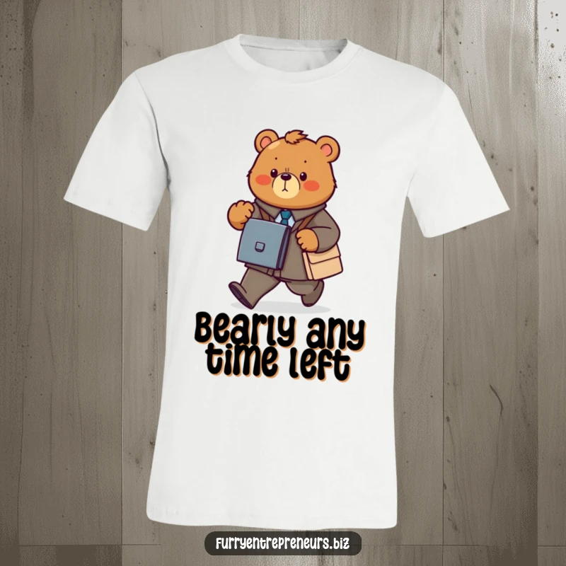Funny bear t-shirt depicting a determined animal power walking with a briefcase, exuding focus and drive.