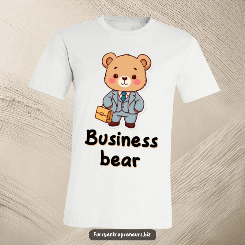 A cute bear dressed in a tiny suit, holding a briefcase, exuding professional charm and humor on a t-shirt.