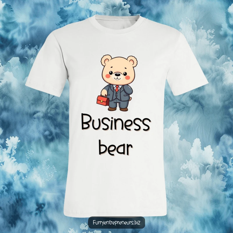 Cute bear character in a tiny suit shaking a briefcase on a t-shirt, looking sharp and funny.
