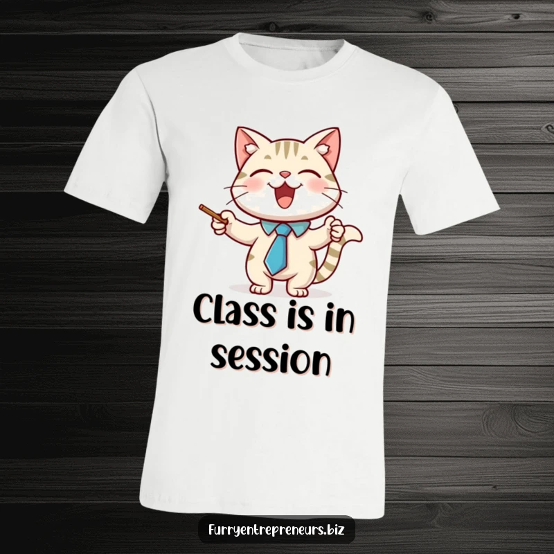 Funny t-shirt depicting a joyful cat character in a necktie, using a pointer stick, ready to teach with charm.