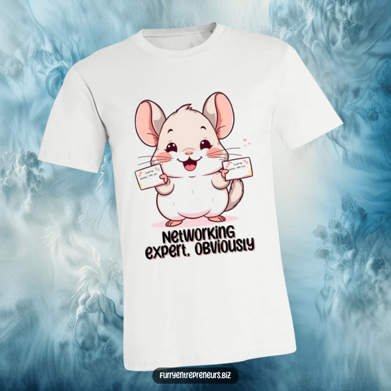 Funny Chinchilla t-shirt featuring a happy character professionally distributing business cards with a cheerful demeanor.