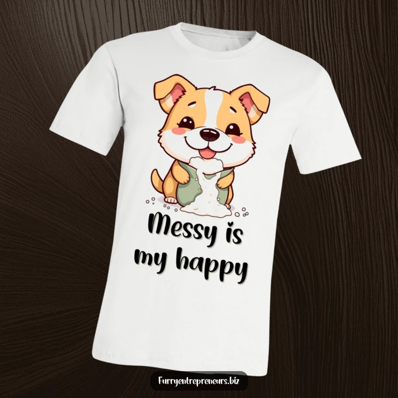 Funny t-shirt graphic: a mischievous dog with an enormous, wide smile, deliberately dropping flour from a bag.