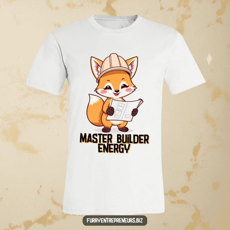 Funny t-shirt featuring a smiling fox construction worker in a hard hat, proudly holding a blueprint, showcasing dedication and humor.