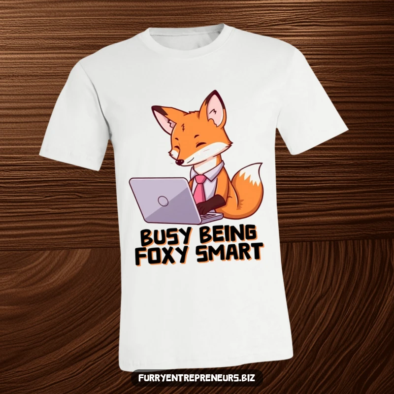 Funny T-shirt with a fox wearing a tie, diligently typing on a laptop, perfect for office humor.