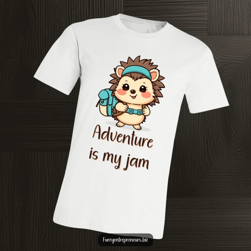 Funny Hedgehog Hiking T-Shirt featuring a cheerful character with a backpack, ready for an exciting outdoor journey. Unisex graphic tee.