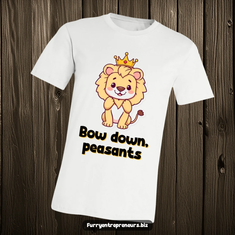 Funny proud lion with a crown accepting applause, a humorous t-shirt for celebrating achievements and funny gift ideas.