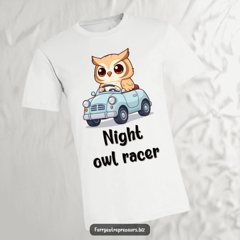 Funny t-shirt featuring an adorable owl character at the wheel of a mini toy car, symbolizing playful journeys and cheerful moments.