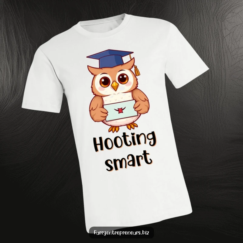 A happy owl dressed in a graduation cap, holding a diploma, embodying wisdom and achievement on a funny t-shirt.