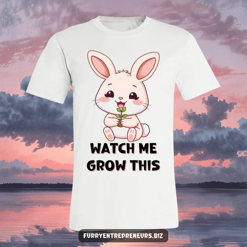 Funny rabbit t-shirt depicting a smiling bunny holding a tiny plant seedling, showcasing a love for gardening.