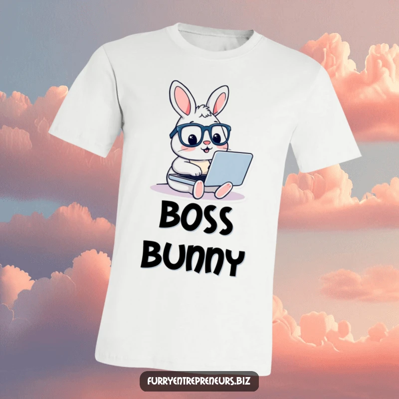 A playful rabbit with glasses is focused on typing on a laptop, showcasing a smart and humorous tech-savvy character on a t-shirt.