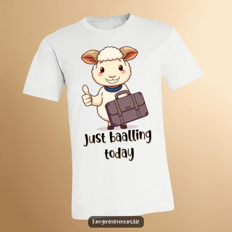 Funny sheep t-shirt, with a briefcase, calmly giving a confident thumbs up, looking pleased.