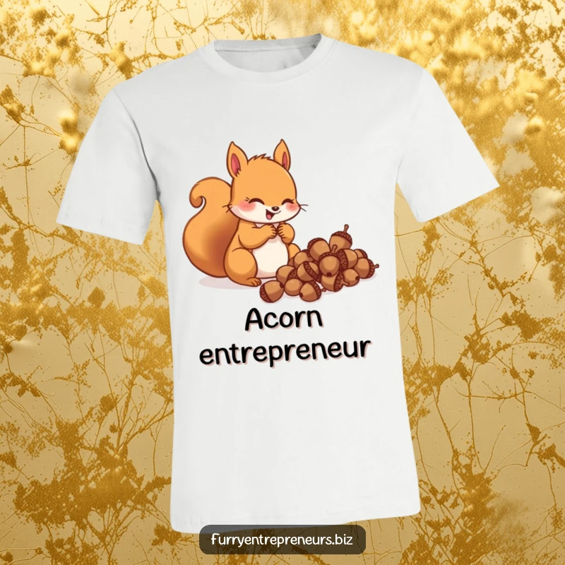 A funny squirrel character joyfully counting a pile of acorns, expressing delight and abundance on a t-shirt.