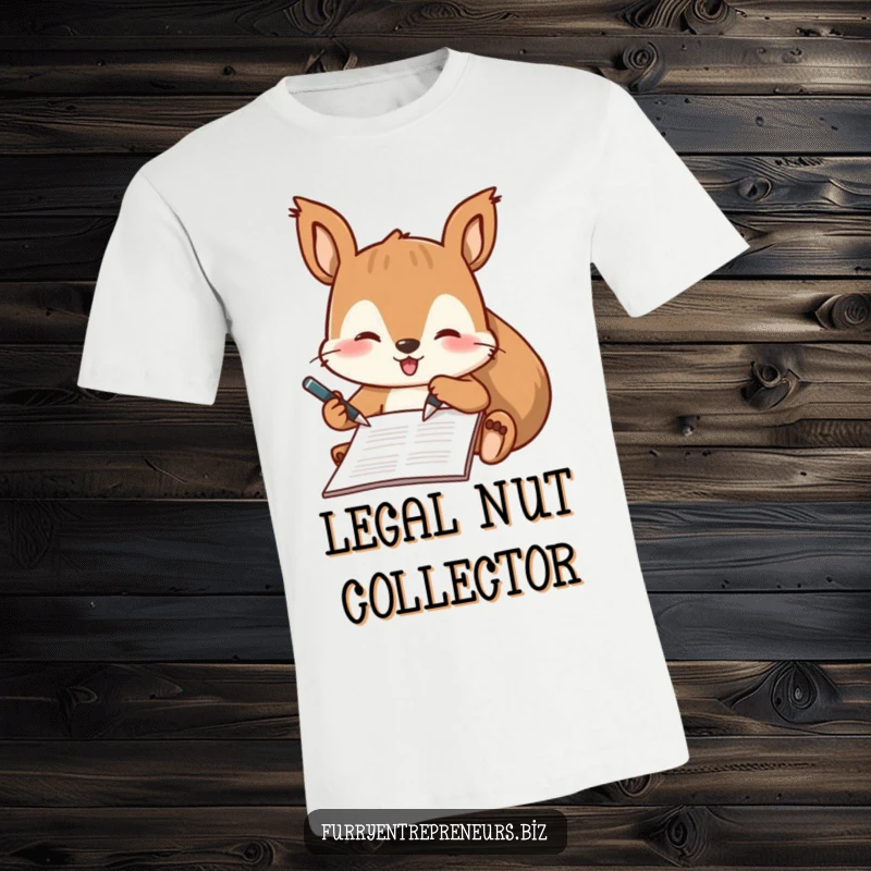 Funny t-shirt depicting a playful squirrel character signing a document with a tiny pen, embodying focused business humor.