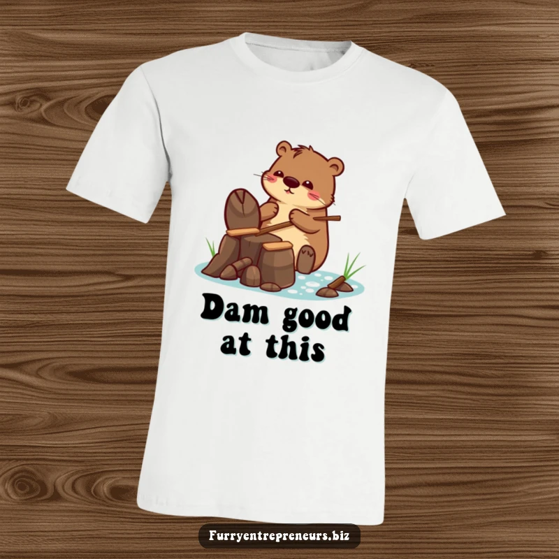 Funny t-shirt showcasing a beaver character building a tiny dam with tiny sticks, representing dedication and humorous effort.