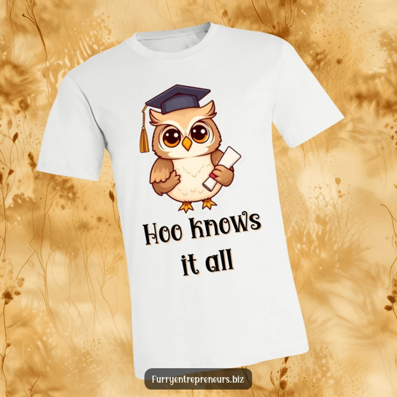 Funny owl in a graduation cap holding a diploma, printed on a soft t-shirt, a humorous and smart funny gift.
