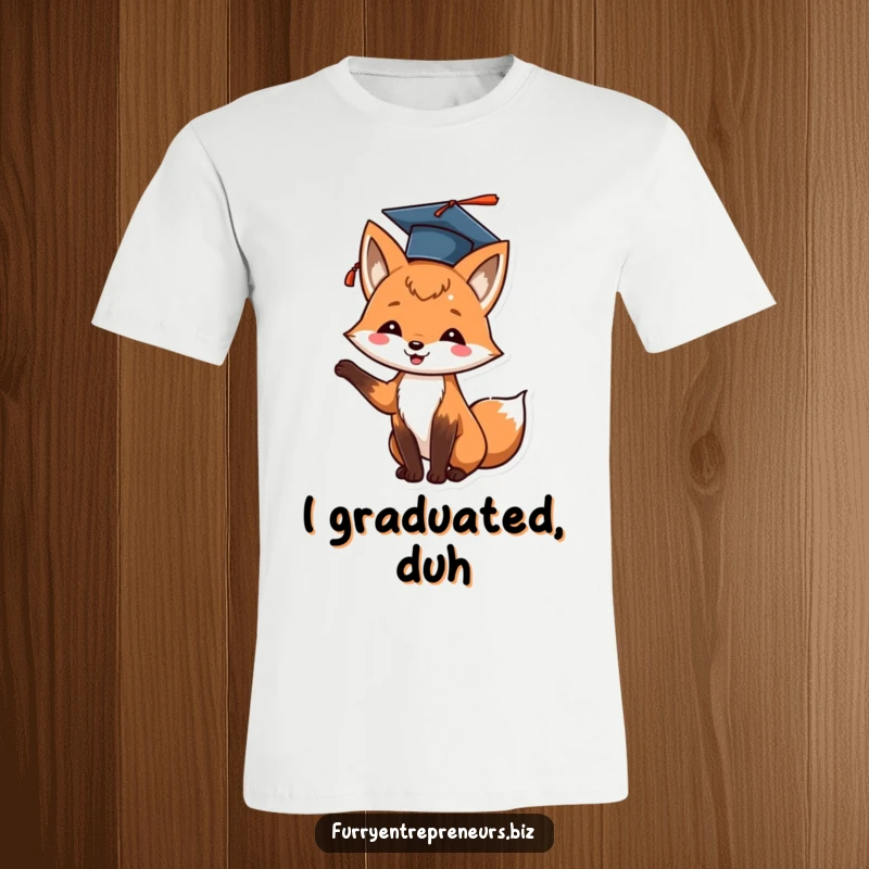 Funny fox t-shirt with a graduation cap tossed in the air, showing a cheerful, proud graduate animal.