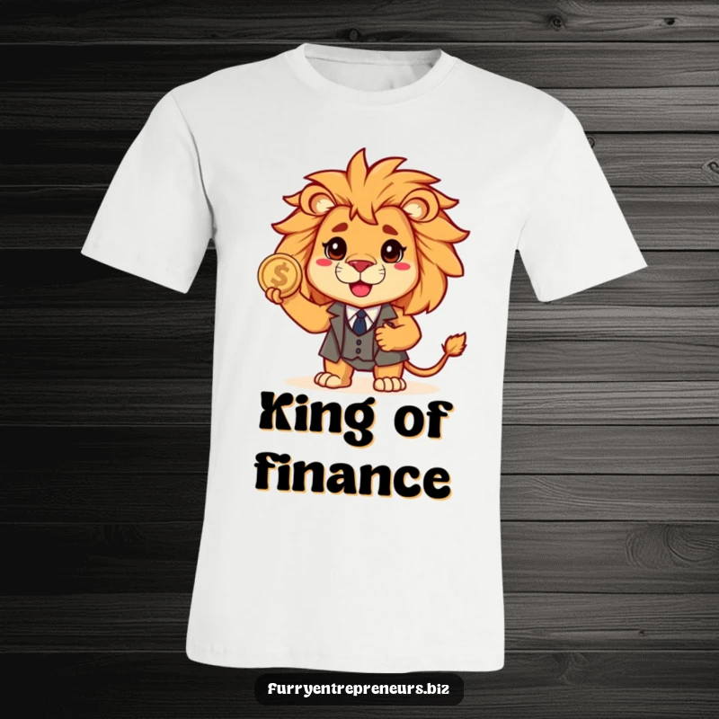 Funny lion wearing a miniature suit proudly holds a single coin, exuding bravery and business savvy on this funny t-shirt.