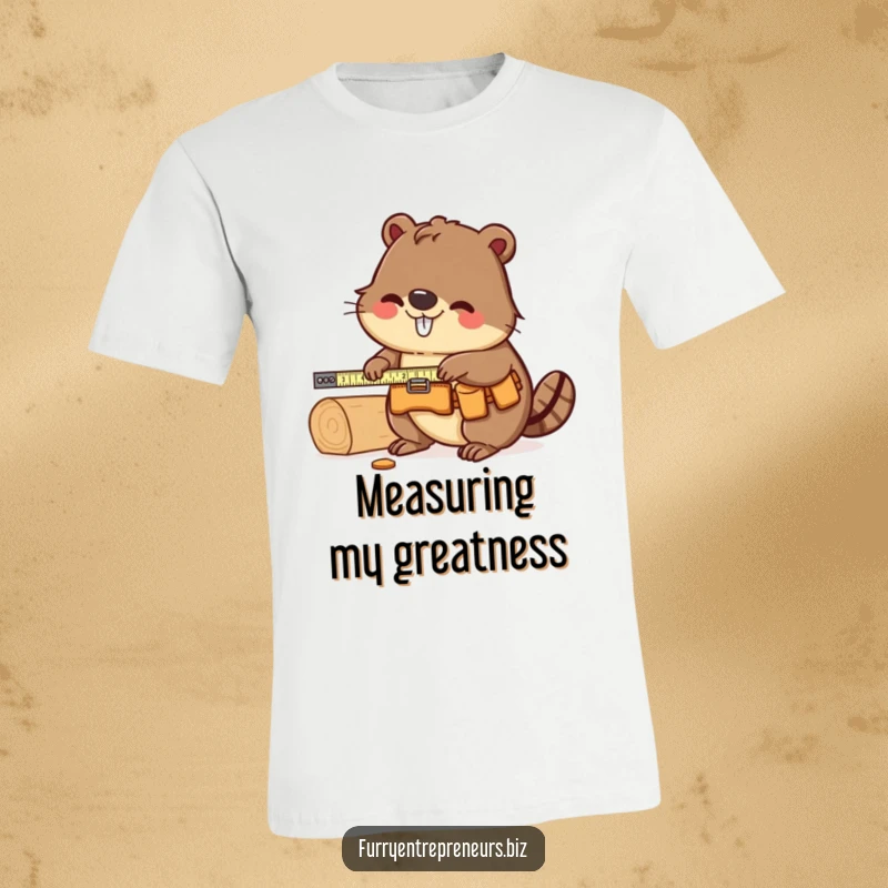 Funny Beaver Carpenter T-Shirt: A humorous depiction of a beaver in a tool belt measuring wood, symbolizing skilled craftsmanship and a funny, industrious spirit.