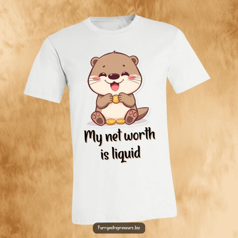 Funny otter character happily counting a pile of coins, perfect for a humorous graphic tee gift celebrating financial fun.