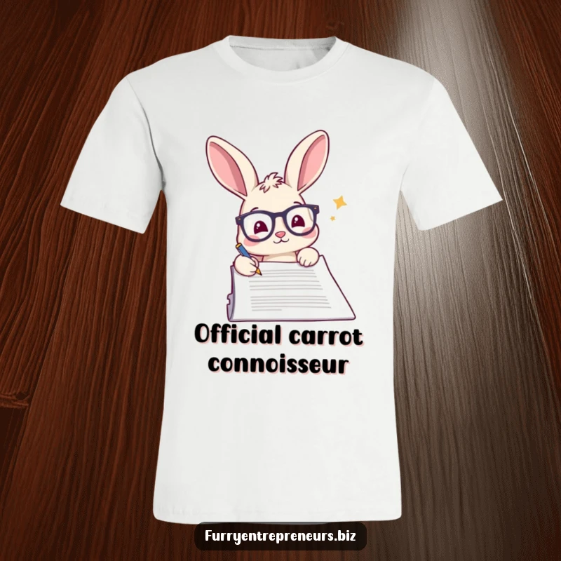 Funny rabbit t-shirt, wearing spectacles, signing a massive contract with a determined look.