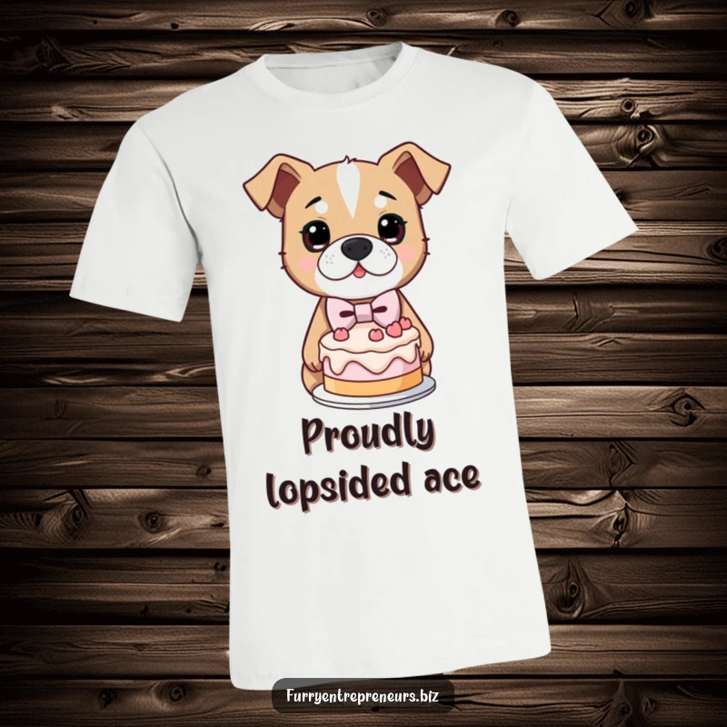 Funny t-shirt graphic: a determined dog in a mini bowtie proudly holds up a lopsided cake, beaming with pride.