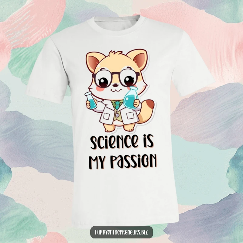 Funny scientist animal t-shirt featuring a smiling character in a lab coat, holding a tiny beaker.