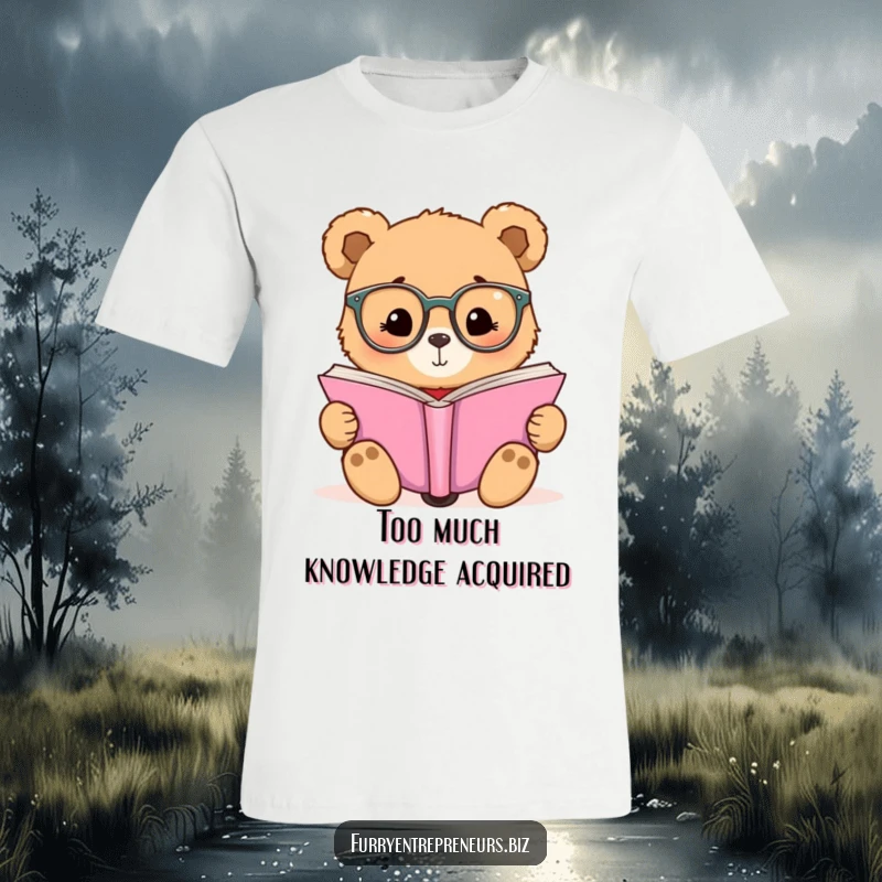 Funny T-shirt with a cute bear in small glasses reading a huge book, expressing a passion for knowledge.